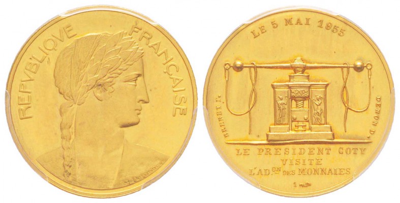Quatrième République, Epreuve de la 20 Francs or (module), 1955, AU, 8.4 g.     ...