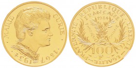 Cinquième République, Piéfort en or de 100 Francs Marie Curie, 1984, gravé par Raymon Corbin, AU 53.7 g.  920‰                         
Ref : Taill.2...