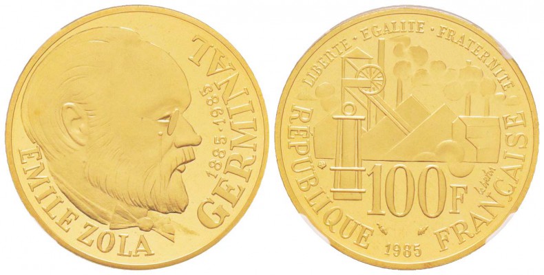 Cinquième République, Piéfort en or de 100 Francs Emile Zola, 1985, AU 53.7 g.  ...
