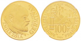 Cinquième République, Piéfort en or de 100 Francs Emile Zola, 1985, AU 53.7 g.  920‰                         
Ref : Taill.234.P2
Conservation : NGC ...