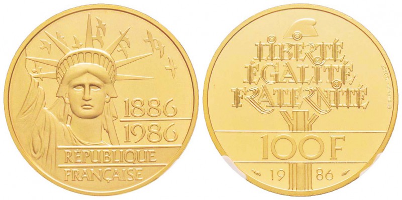Cinquième République, Piéfort en or de 100 Francs Liberté, 1986, AU 53.7 g.  920...