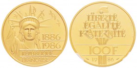 Cinquième République, Piéfort en or de 100 Francs Liberté, 1986, AU 53.7 g.  920‰                         
Ref : Taill.235.P3
Conservation : NGC Pro...