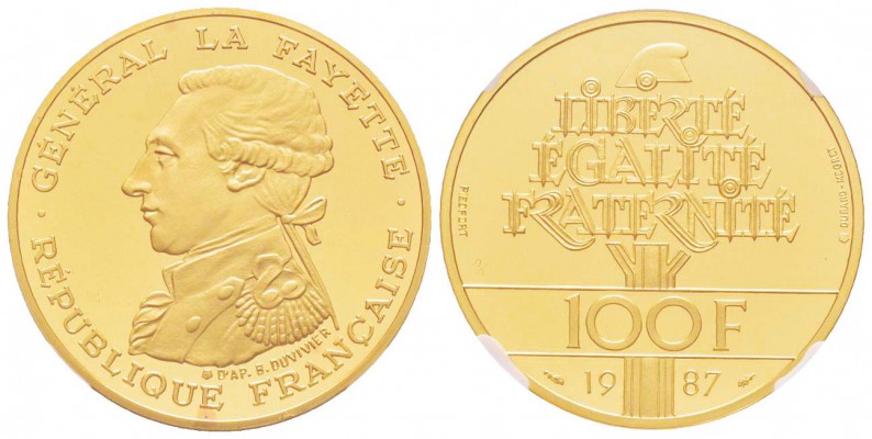 Cinquième République, Piéfort en or de 100 Francs Égalité La Fayette, 1987, AU 5...