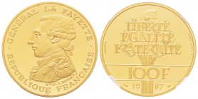 Cinquième République, Piéfort en or de 100 Francs Égalité La Fayette, 1987, AU 53.7 g. 920‰                         
Ref : Taill.236.P3
Conservation...