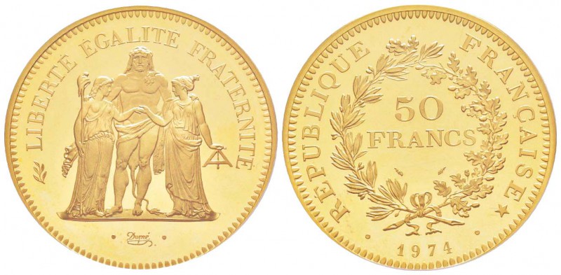 Cinquième République, Piéfort en or de 50 Francs Hercule, 1974, AU 102 g.  920‰ ...