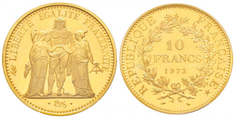 Cinquième République, Piéfort or de 10 Francs Hercule, 1973, AU 84.1 g. 920‰    ...
