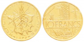Cinquième République, Piéfort en or de 10 Francs Mathieu 1979, AU 38.9 g.  920‰                         
Ref : Taill.186.P3     
Conservation : FDC...