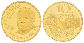 Cinquième République, Piéfort en or de 10 Francs Stendhal 1983, AU 38.9 g. 920‰                         
Ref : Taill.189.P3     
Conservation : NGC ...