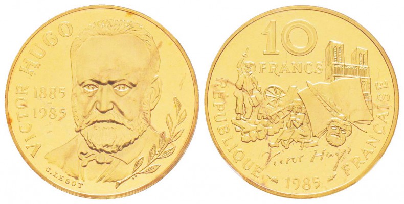Cinquième République, Piéfort en or de 10 Francs Victor Hugo 1985, AU 38.9 g. 92...