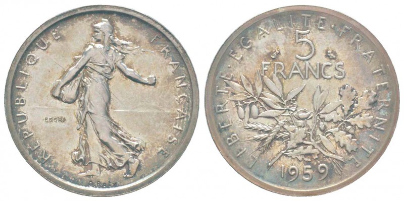 Cinquième République, Piéfort de 5 Francs Semeuse listel large, 1959, AG, 24 g. ...