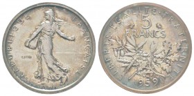Cinquième République, Piéfort de 5 Francs Semeuse listel large, 1959, AG, 24 g. 835‰              
Ref : Taill.153.EP
Conservation : PCGS SP66    
...