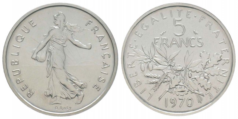 Cinquième République, Piéfort en platine de 5 Francs Semeuse, 1970, Platine  46....