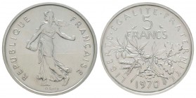 Cinquième République, Piéfort en platine de 5 Francs Semeuse, 1970, Platine  46.9 g.                          
Ref : Taill.154.P4      
Conservation...