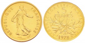 Cinquième République, Piéfort en or de 5 Francs Semeuse, 1978, AU  38.9 g.  920‰                          
Ref : Taill.154.P3     
Conservation : NG...
