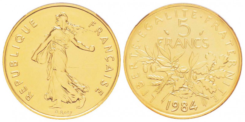 Cinquième République, Piéfort en or de 5 Francs Semeuse, 1984, AU  38.9 g.  920‰...