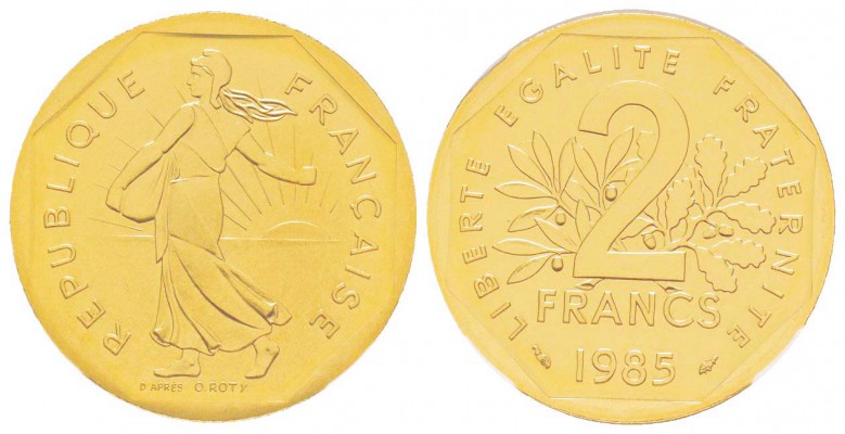 Cinquième République, PIEFORT de 2 Francs Semeuse, 1985, AU 30.9 g. 900‰        ...