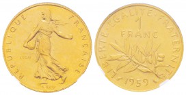 Cinquième République, Essai or de 1 Franc Semeuse, 1959, AU 11.8 g. 900‰              
Avers : Mot Essai dans le champ gauche.               
Revers...