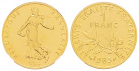 Cinquième République, Piéfort de 1 Franc Semeuse, 1985, AU 23.5 g.              
Ref : Taill.104.P3
Conservation : NGC Proof 68    
Quantité : 6 ex...