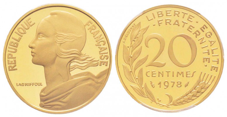 Cinquième République, Piéfort en or de 20 centimes Marianne, 1978, AU 17.5 g.  9...