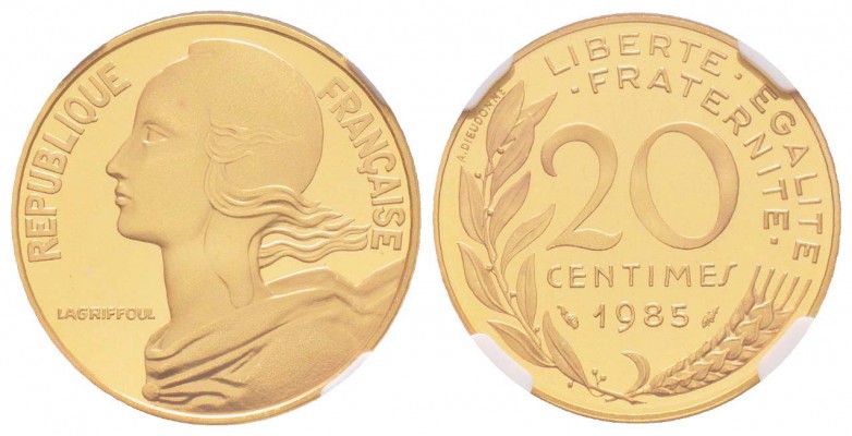 Cinquième République, Piéfort en or de 20 centimes Marianne, 1985, AU 17.5 g.  9...