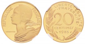 Cinquième République, Piéfort en or de 20 centimes Marianne, 1985, AU 17.5 g.  920‰                          
Ref : Taill.56.P3
Conservation : NGC P...