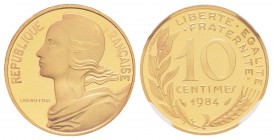 Cinquième République, Piéfort en or de 10 centimes Marianne, 1984, AU 13 g.  920‰                          
Ref : Taill.46.P3
Conservation : NGC Pro...