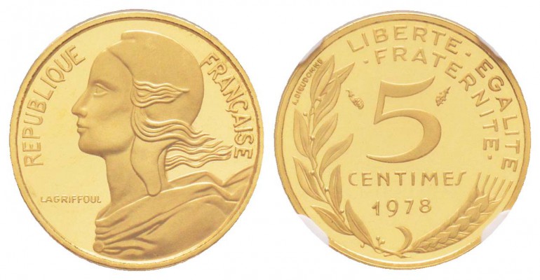 Cinquième République, Piéfort en or de 5 centimes Marianne, 1978, AU 8.7 g.  920...