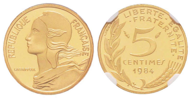 Cinquième République, Piéfort en or de 5 centimes Marianne, 1984, AU 8.7 g.  920...