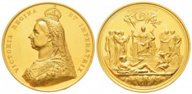 Grande Bretagne, Victoria I 1837-1901    
Médaille en or, Couronnement,1887, par J. E. Boehm et F. Leighton, AU 88.33 g. 58 mm
Avers : VICTORIA REGI...
