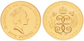 Grande Bretagne, Elizabeth II (1952-)            
5 Pounds 1990, AU 40 g. 917‰             
Ref : Fr.436, KM#962b, Spink 4301             
Conserva...