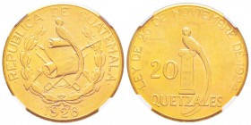 Guatemala, République
20 Quetzales, 1926, AU 33.47 g. 900‰ 
Ref : Fr.48, KM#246
Conservation : NGC MS61
