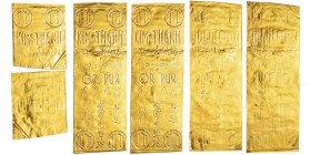 Indochine
3 Plaques d'or rectangulaires unifaces "TT", 1920-1945 AU 15.5 g., 15 g., 7g. Tot 37.5g 999%
Avers : OR PUR KIM THANH avec les mentions de...