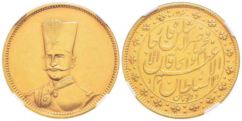 Iran, Nasir Ai Din Shah 1848-1896
10 Tomans, 1311 (1894),  AU 28.74 g. 900‰
Re...
