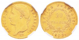 Napoléon en Italie, Département de l'Éridan 1802-1814       
20 Francs 1809 U, Turin, AU 6.43 g.               
Ref : G.1025, Mont 25 (R4), Pag 20  ...