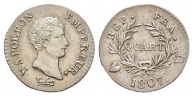 Napoléon en Italie, Département de l'Éridan 1802-1814       
Quart de Franc, 1807 U, Turin, AG 1.25 g. 
Ref : G.347, Mont 69 (R3), Pag 63
Conservat...