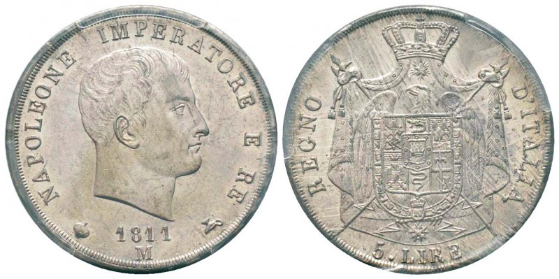 Royaume d'Italie 1805-1814  
5 Lire, Milan, 1811 M, AG 25 g.         
Ref : Mo...