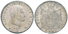 Royaume d'Italie 1805-1814  
5 Lire, Milan, 1811 M, AG 25 g.         
Ref : Mont. 224, Pag. 29            
Conservation : PCGS MS63