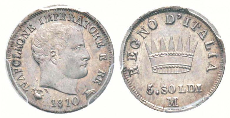 Royaume d'Italie 1805-1814  
5 soldi (25 centesimi), Milan, 1810 M,  AG 1.25 g....