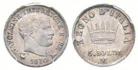 Royaume d'Italie 1805-1814  
5 soldi (25 centesimi), Milan, 1810 M,  AG 1.25 g.         
Ref : Mont. 280, Pag. 61          
Conservation : PCGS MS6...