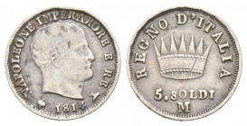 Royaume d'Italie 1805-1814  
5 soldi (25 centesimi), Milan, 1814 M, IMPERARORE, AG 1.21 g.         
Ref : Mont. 286 (R5), Pag. -            
Conser...