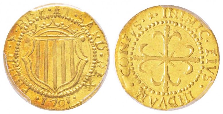 Cagliari, Filippo V 1700-1719
Scudo d’oro, Cagliari, 1701, AU 3.18g.
Avers : P...