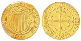 Cagliari, Filippo V 1700-1719
Scudo d’oro, Cagliari, 1701, AU 3.18g.
Avers : PHILIP V HISP ET SARD REX
Revers : INIMIC EIVS INDVAM CONFVS
Ref : MI...
