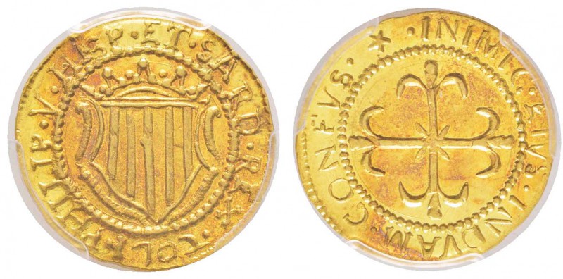 Cagliari, Filippo V 1700-1719
Scudo d’oro, Cagliari, 1702, AU 3.18g.
Avers : P...