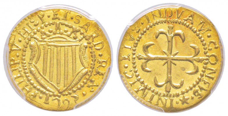 Cagliari, Filippo V 1700-1719
Scudo d’oro, Cagliari, 1703, AU 3.18g.
Avers : P...
