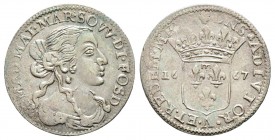 Fosdinovo, Maria Maddalena Centurioni Malaspina, Marchesa 1663-1669
Luigino, 1667, AG 2.07 g.
Avers : M MAD MAL MAR SOVV DI FOSD
Revers : DNS ADIVT...