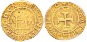 Genova, Antoniotto Adorno Doge XXXV 1522-1527
Mezzo Ducato, AU 1.7g.
Avers : ANTONITV ADVR G DVX
Revers : CONRAD REX ROM B C, A A
Ref : MIR 169 (R...