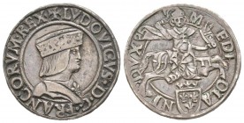 Milano, Ludovico XII d'Orleans 1500-1513
Testone, Milano, ND, AG 8.6 g.
Avers : LVDOVICVS D G FrancORVM REX.Buste couronné et drapé de Louis XII à d...