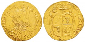 Filippo III Re di Spagna e Duca di Milano 1598-1621
Quadrupla, 1617, AU 13.12 g.
Avers : PHILIPPVS III REX HISPANI Buste radié, drapé et cuirassé à ...