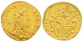 Milano, Filippo IV Re di Spagna e Duca di Milano 1621-1665
Quadrupla, 1630, AU 13.07 g.
Avers : PHILIPPVS IIII REX HISP. Buste radié, drapé et cuira...