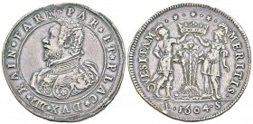 Parme, Ranuccio I Farnese 1592-1622
Doppio ducatone, 1604, AG 63.48 g.
Avers : RAIN FARN PAR ET PLAC DVX IIII
Revers : QVESITAM MERITIS, Mars et Pa...